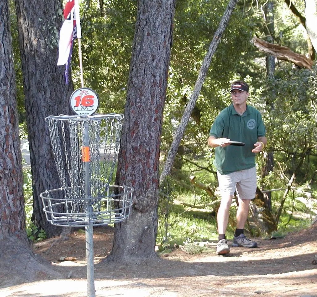 Disc golfer and basket