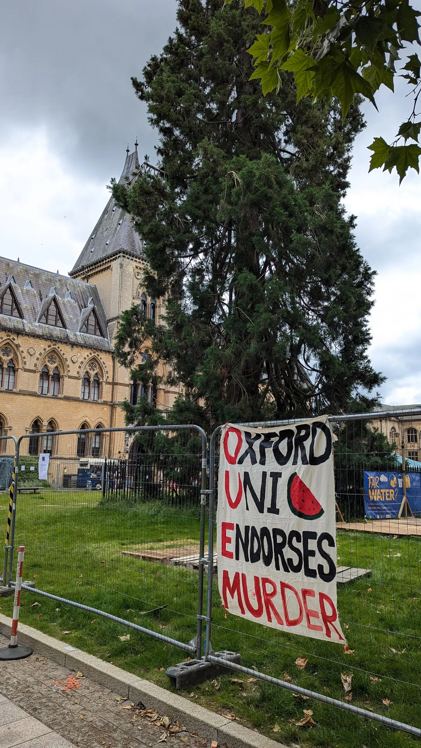 Palestine encampment on 23 June 2024 Oxford University Museum of Natural History